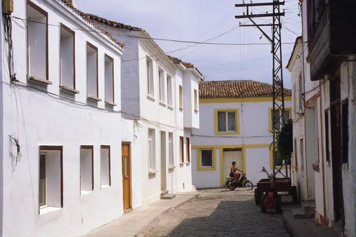Street of white houses on Bozcaada